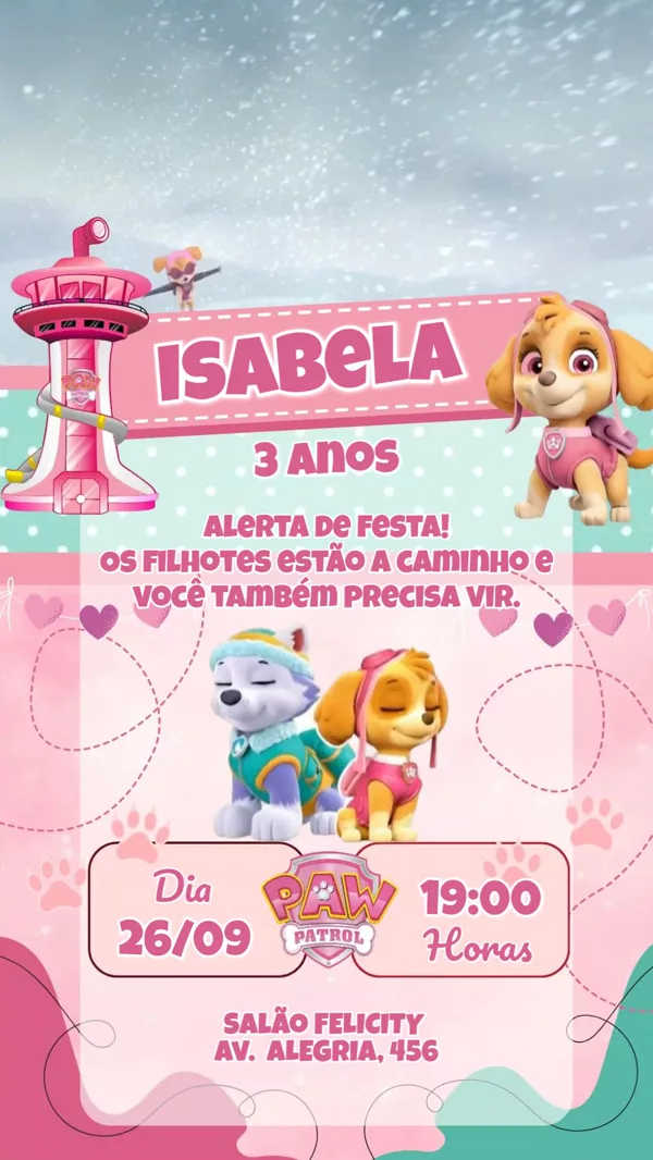 Convite Animado Aniversário Patrulha Canina Skye Rosa Para Editar Online
