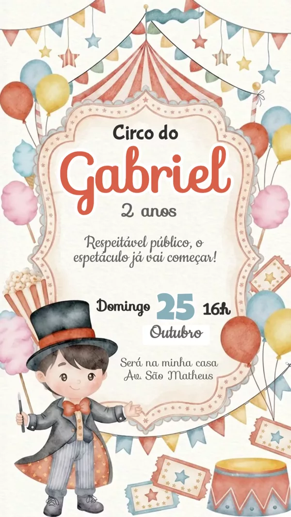 Convite Animado Aniversário Circo Aquarela Para Editar Online