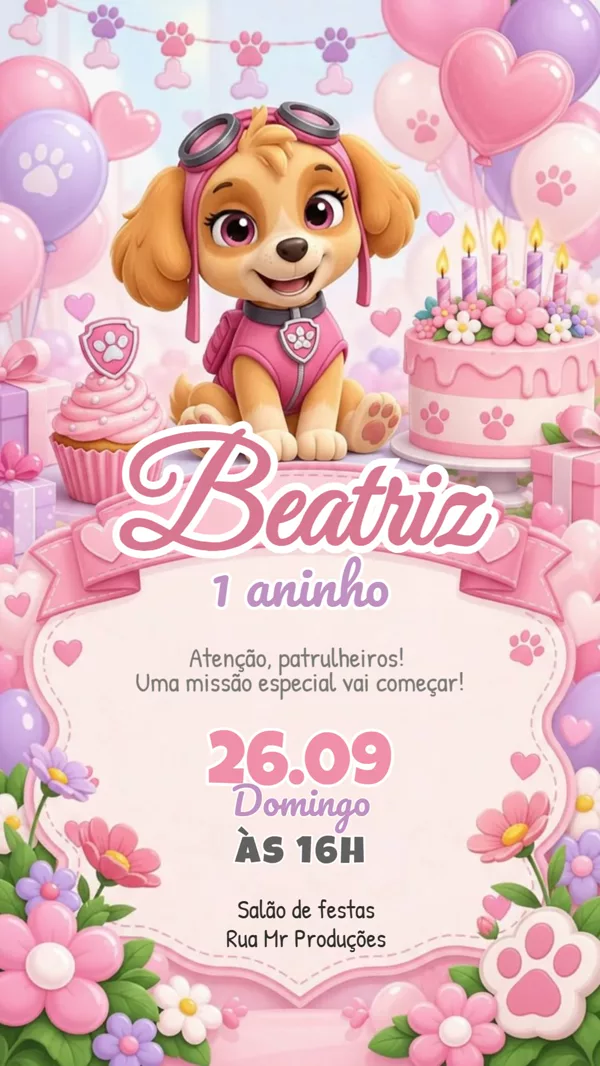 Convite Animado Aniversário Skye Patrulha Canina Para Editar Online