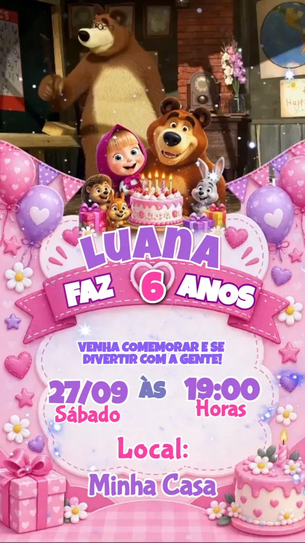 Convite Animado Aniversário Masha e o Urso Para Editar Online
