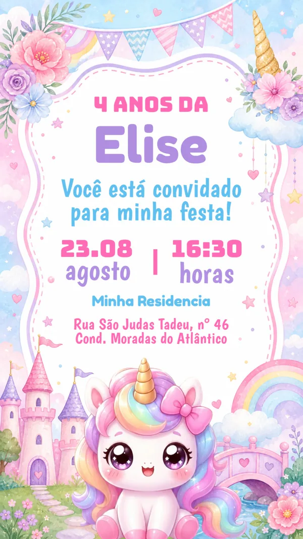 Convite Aniversário Unicórnio Fofo Para Editar Online