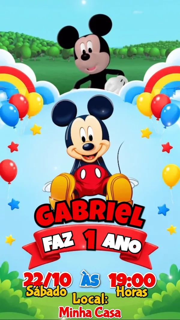 Convite Animado Aniversário Mickey Baby Colorido Para Editar Online