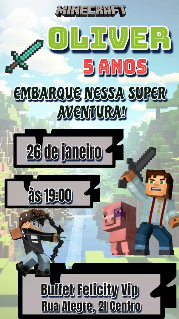 Convite Animado Aniversário Minecraft Aventura Para Editar Online