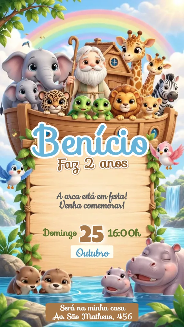 Convite Animado Aniversário Arca de Noé Para Editar Online