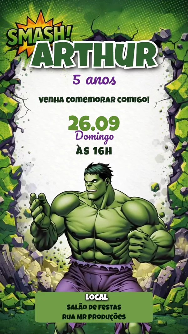 Convite Animado Aniversário Hulk Smash Verde Para Editar Online