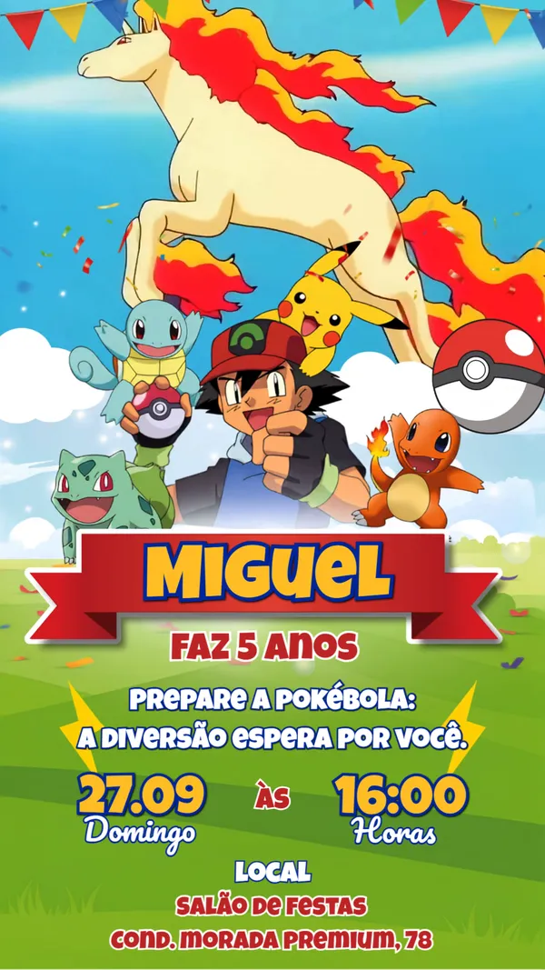 Convite Animado Aniversário Pokémon Ash e Pikachu Para Editar Online