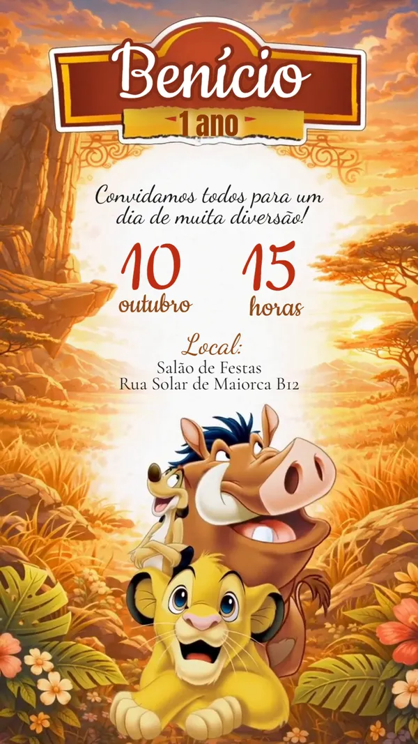 Convite Animado Aniversário Rei Leão Savana Para Editar Online