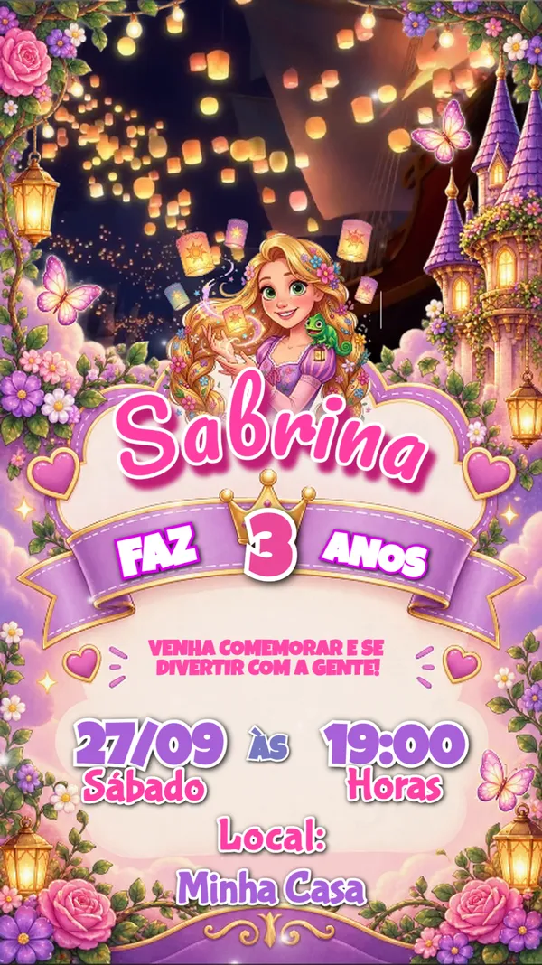 Convite Animado Aniversário Rapunzel Enrolados Para Editar Online