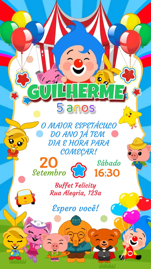 Convite Aniversário Palhaço Plim Plim Para Editar Online