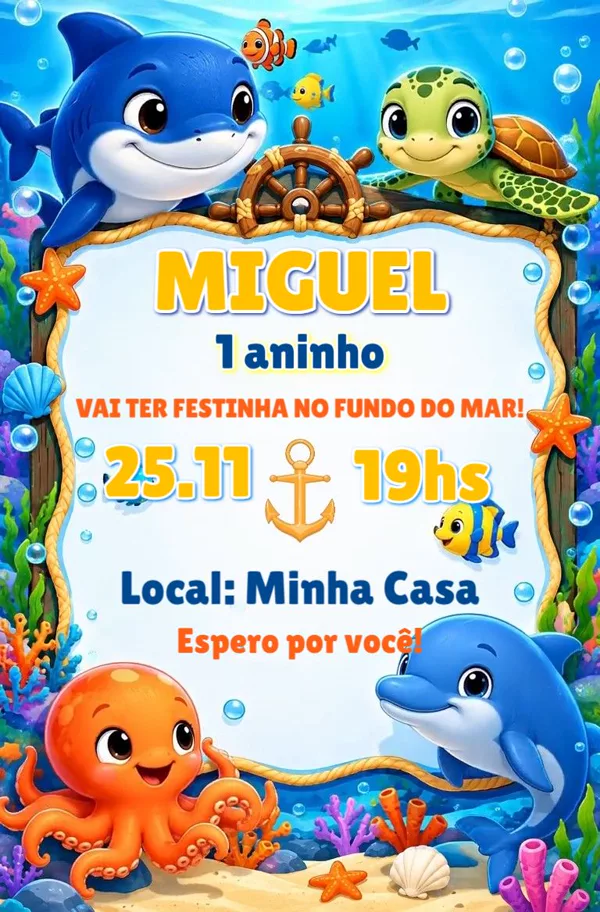 Convite Animado Aniversário Fundo do Mar Baby Para Editar Online