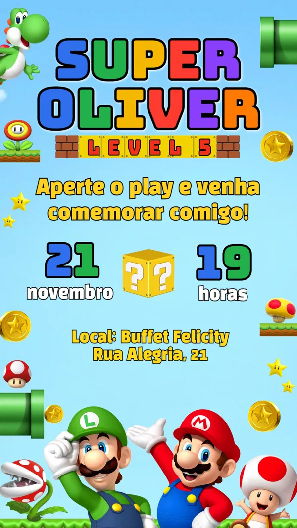 Convite Aniversário Super Mario Level Up Para Editar Online