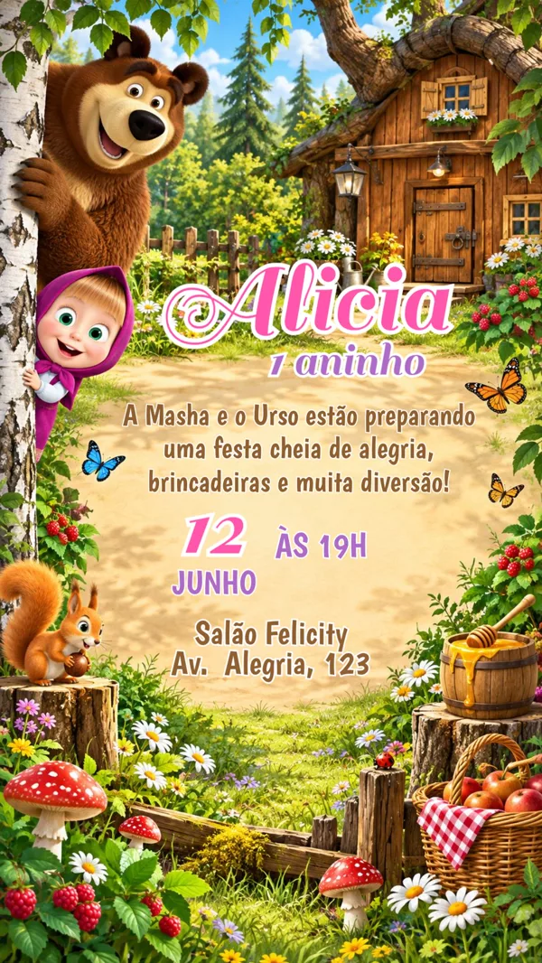 Convite Aniversário Masha e Urso Floresta Para Editar Online