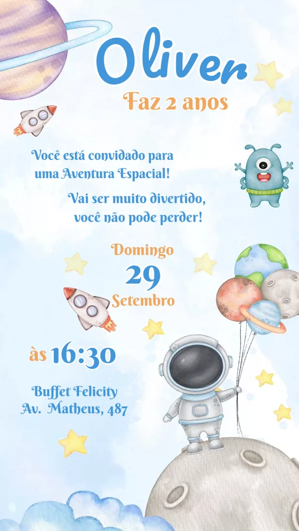 Convite Animado Aniversário Astronauta Aquarela Para Editar Online
