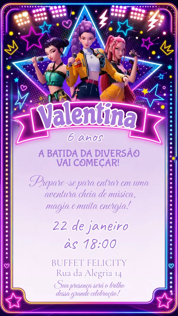 Convite Aniversário KPop Demon Hunters Para Editar Online