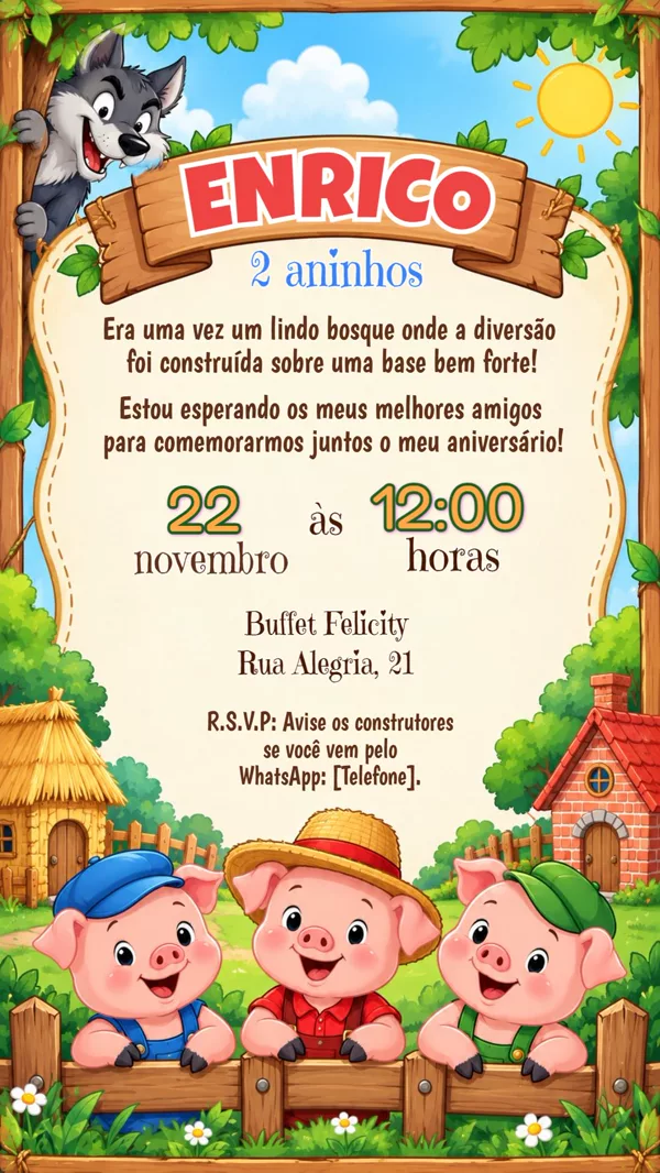 Convite Aniversário 3 Porquinhos Bosque Para Editar Online