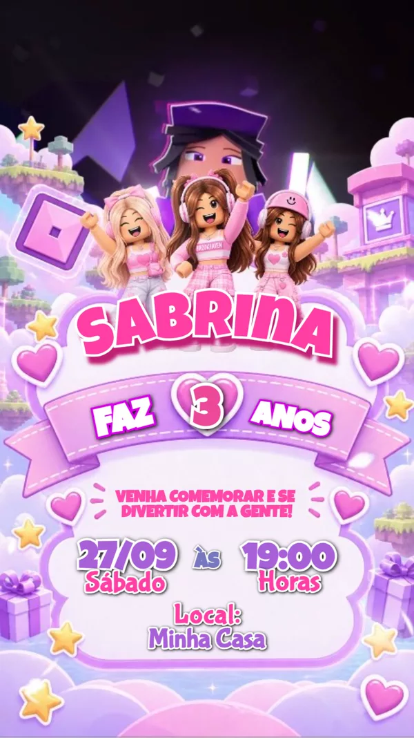 Convite Animado Aniversário Roblox Rosa Avatares Para Editar Online
