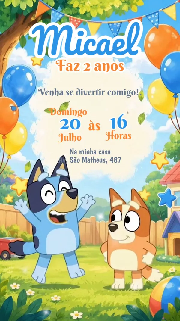 Convite Animado Aniversário Bluey e Bingo Para Editar Online
