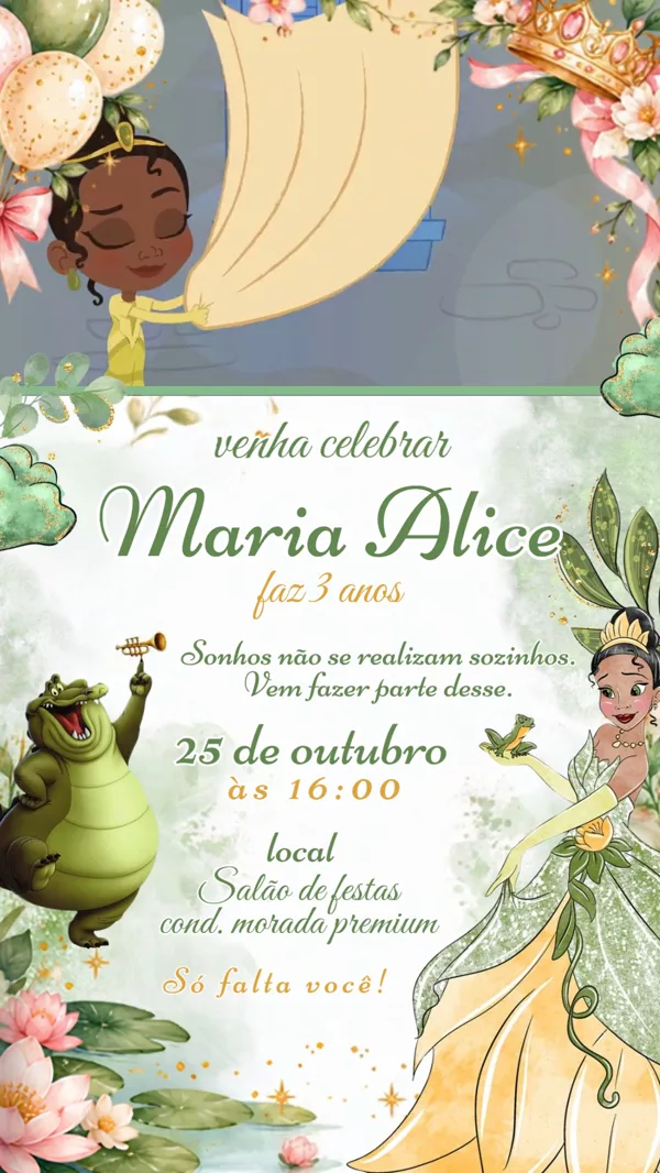 Convite Animado Aniversário Princesa e o Sapo Para Editar Online