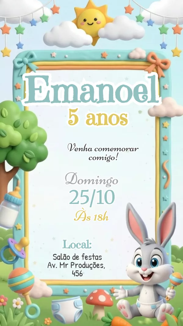 Convite Animado Aniversário Pernalonga Baby Safári Para Editar Online