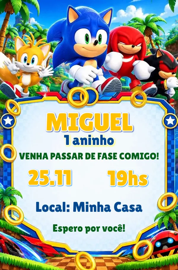 Convite Animado Aniversário Sonic Turma Anéis Para Editar Online