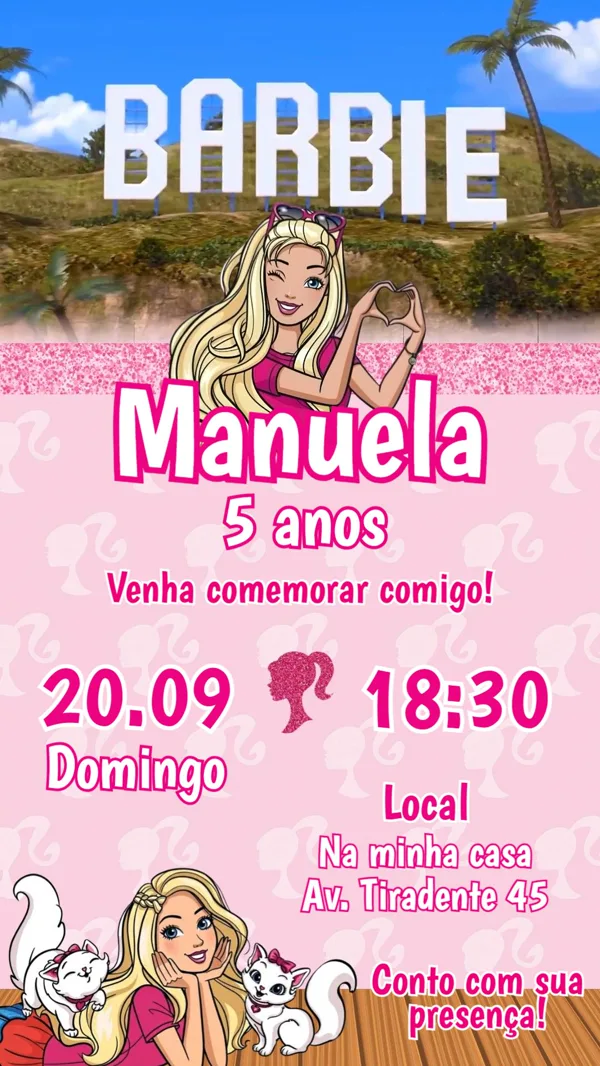 Convite Animado Barbie com Gatinhos Para Editar Online