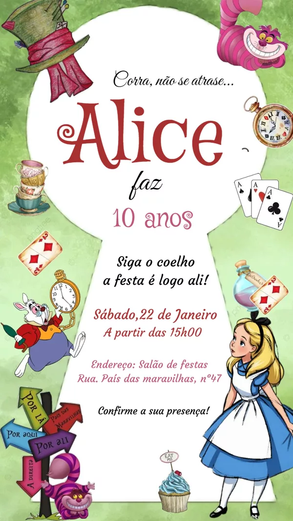 Convite Animado Aniversário Alice Maravilhas Para Editar Online