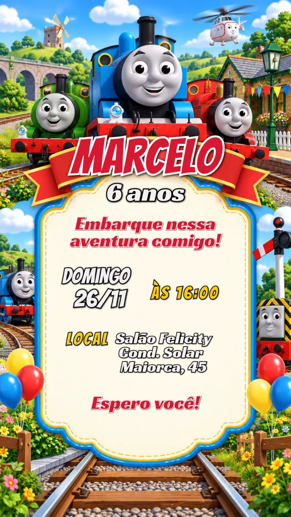 Convite Aniversário Thomas e Amigos Trem Para Editar Online