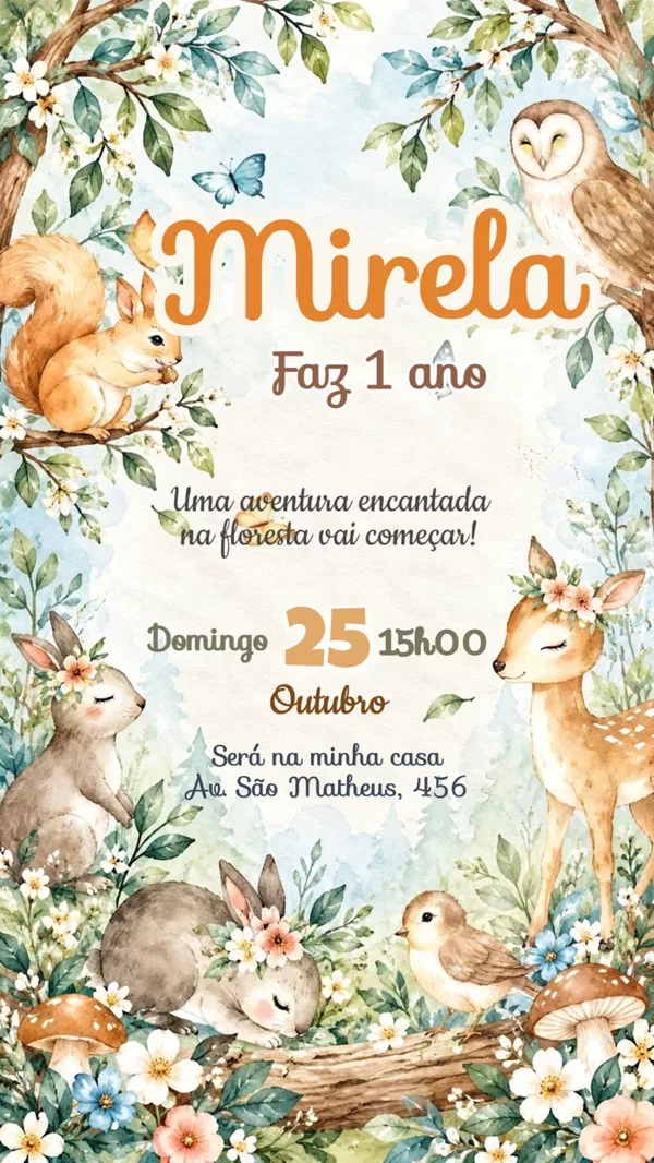 Convite Animado Aniversário Floresta Encantada Para Editar Online