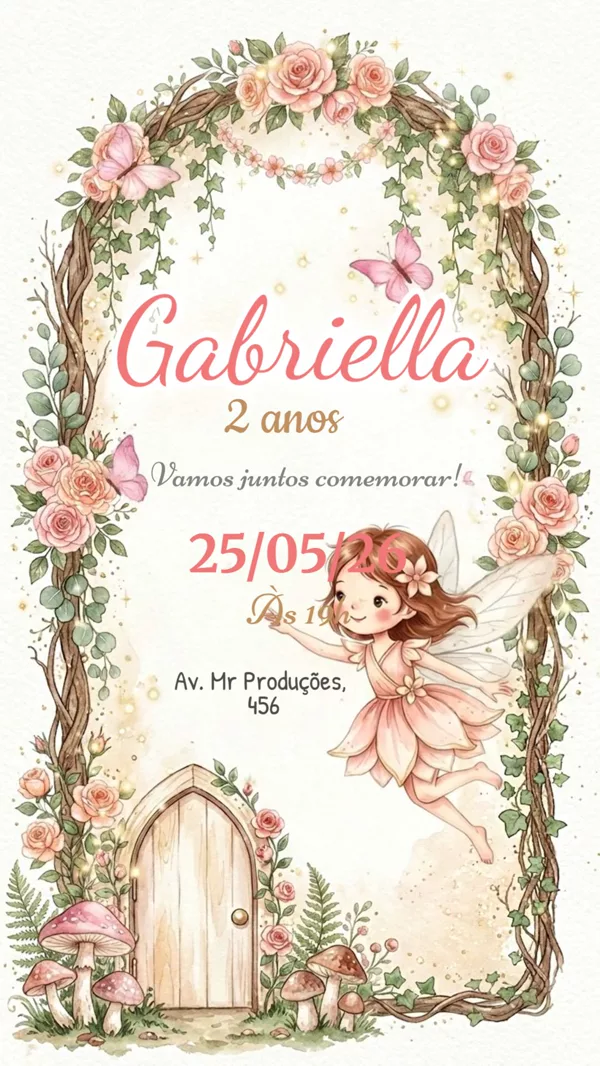 Convite Animado Aniversário Fada Jardim Rosa Para Editar Online