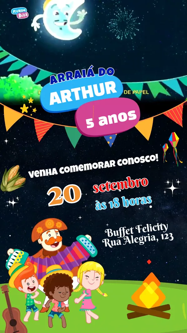 Convite Animado Aniversário Arraiá Mundo Bita Para Editar Online