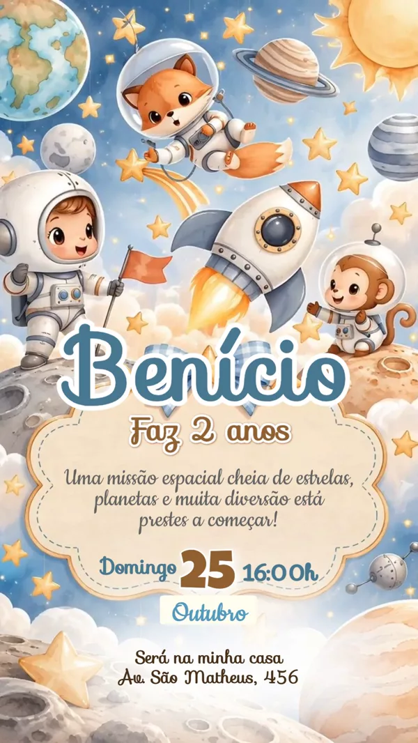 Convite Animado Aniversário Astronauta Foguete Para Editar Online
