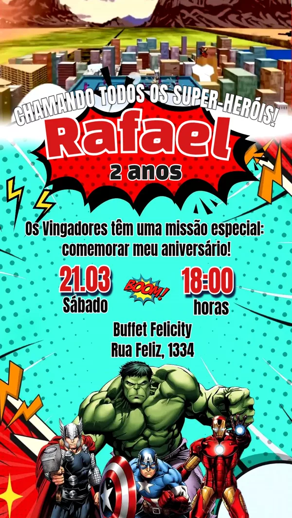 Convite Animado Aniversário Vingadores Cidade Para Editar Online