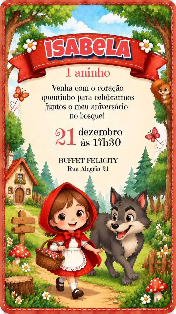 Convite Aniversário Chapeuzinho Vermelho Bosque Para Editar Online