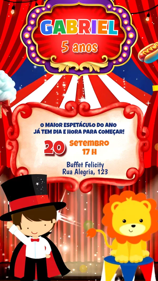 Convite Animado Aniversário Circo Mágico Menino Para Editar Online
