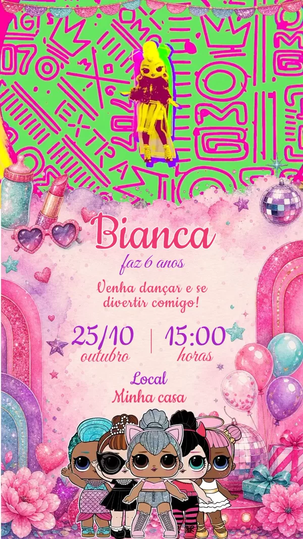 Convite Animado Aniversário LOL Surprise Neon Para Editar Online