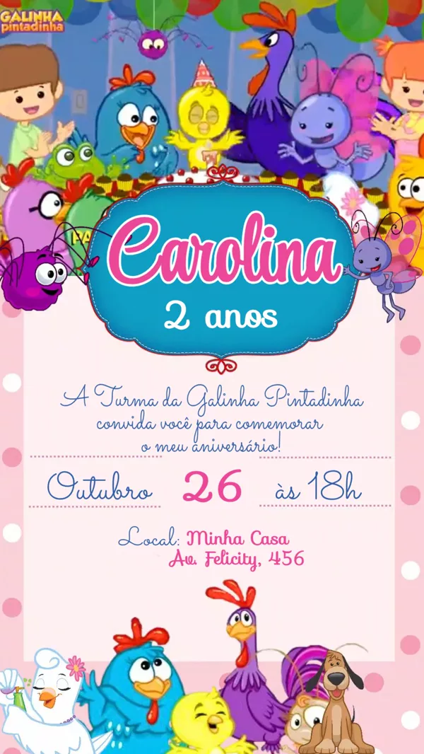 Convite Animado Aniversário Galinha Pintadinha Para Editar Online