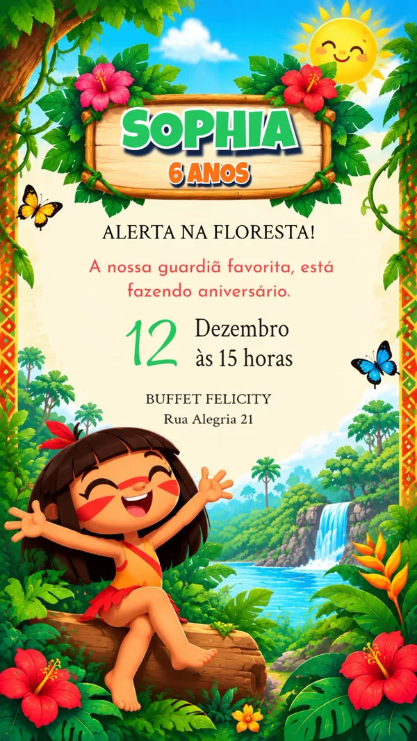 Convite Aniversário Tainá Índia Floresta Para Editar Online