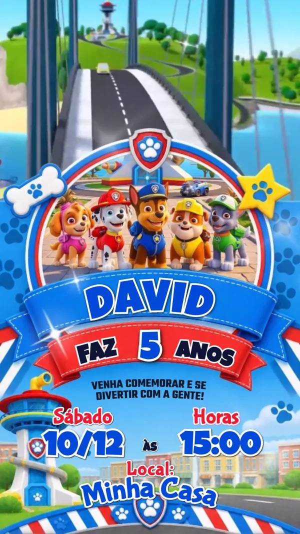 Convite Animado Aniversário Patrulha Canina Para Editar Online