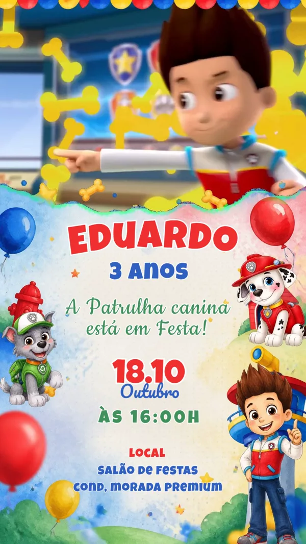 Convite Animado Aniversário Patrulha Ryder Para Editar Online