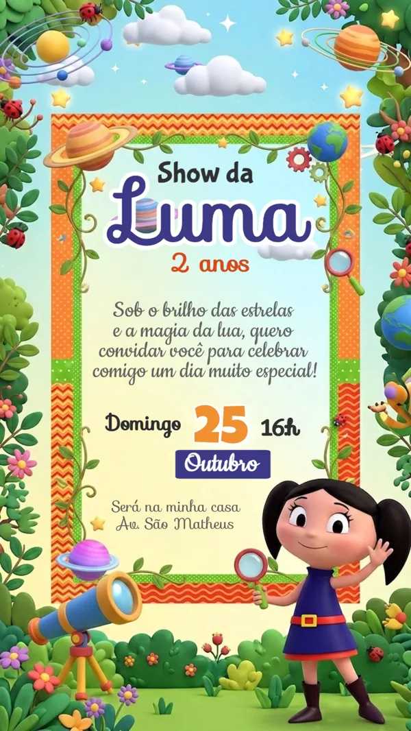 Convite Animado Aniversário Show da Luna Espacial Para Editar Online
