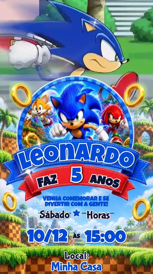 Convite Animado Aniversário Sonic Anéis Dorados Para Editar Online
