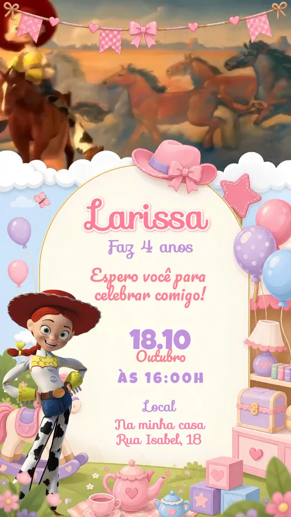 Convite Animado Aniversário Jessie Toy Story Rosa Para Editar Online