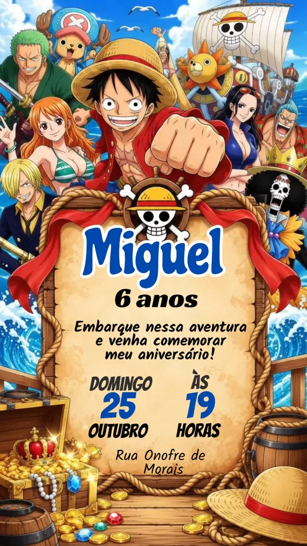 Convite Animado Aniversário One Piece Navio Para Editar Online