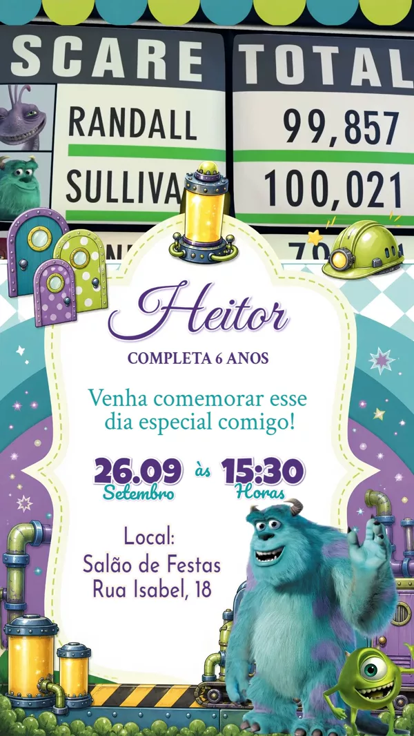 Convite Animado Aniversário Monstros S.A Para Editar Online