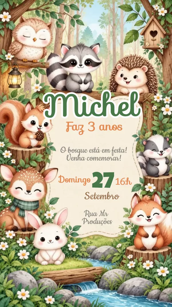 Convite Animado Aniversário Bosque Animais Para Editar Online