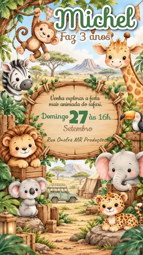 Convite Animado Aniversário Safari Verde Para Editar Online