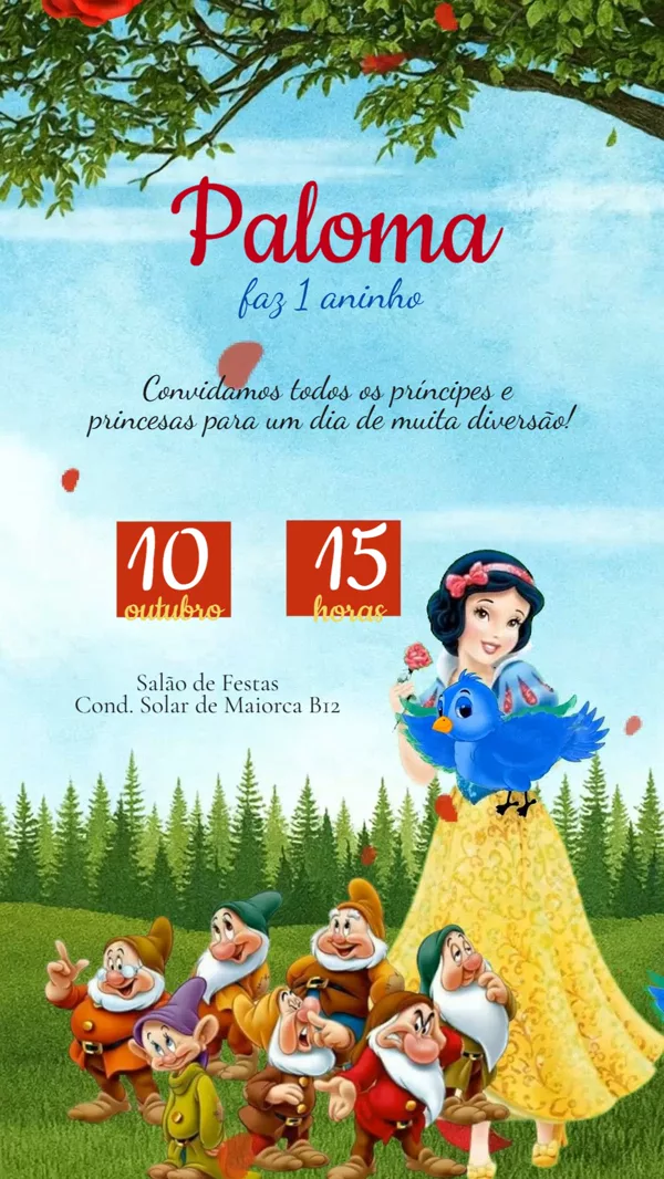 Convite Animado Aniversário Branca de Neve Para Editar Online