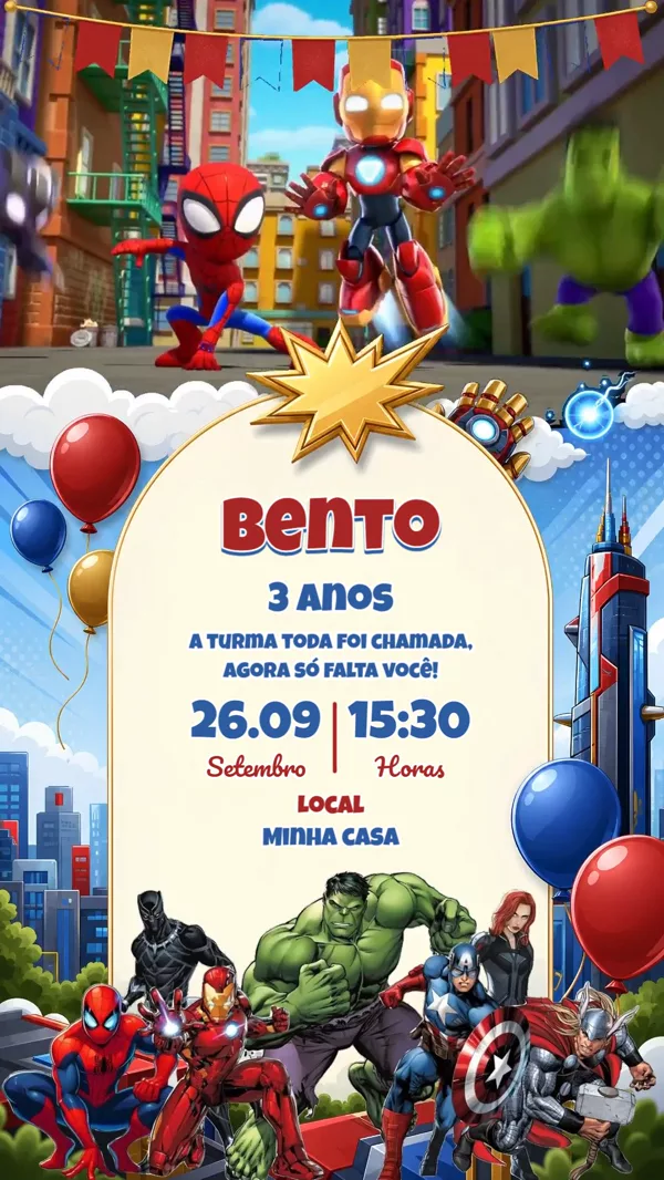 Convite Animado Aniversário Super-Heróis Marvel Para Editar Online