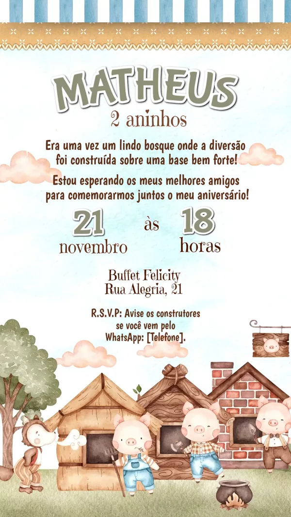 Convite Animado Aniversário Os Três Porquinhos Para Editar Online