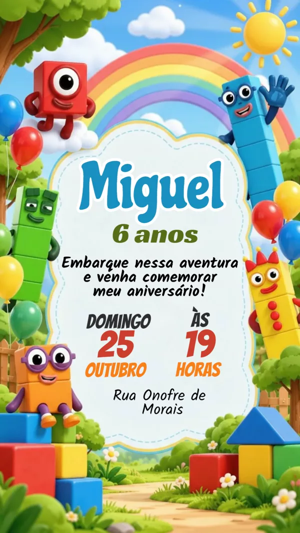 Convite Animado Aniversário Numberblocks Arco-Íris Para Editar Online